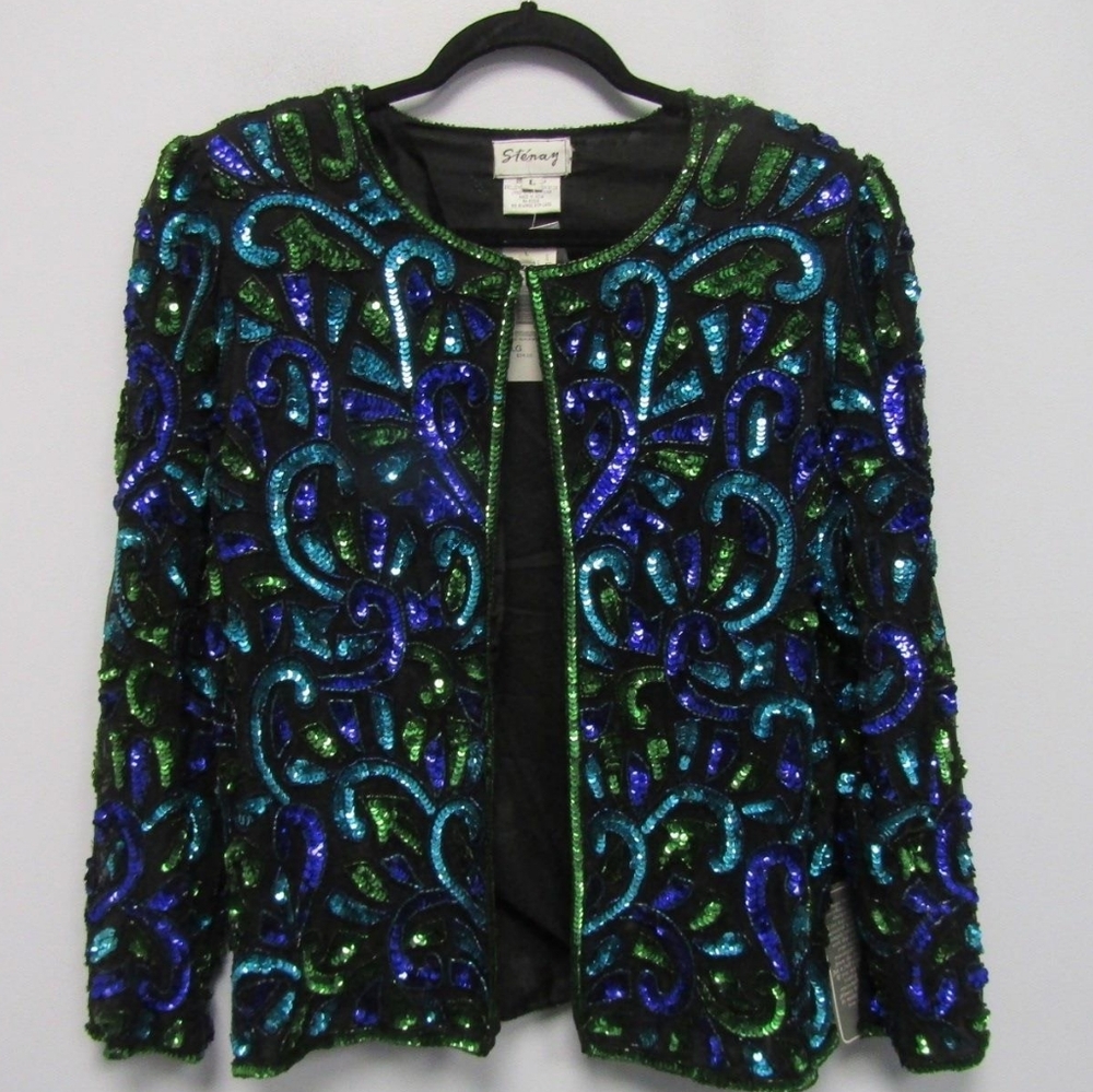 NWT Ste'nay black, green, blue sequined silk jacket, Size Large